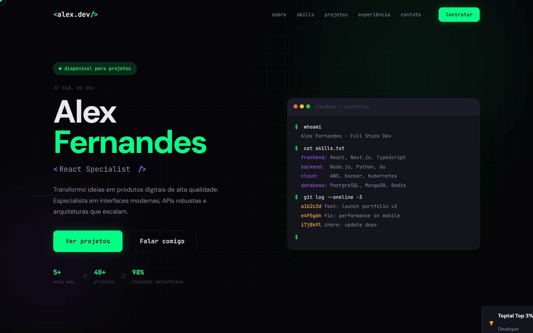 DevFolio Dark — Hero Desktop